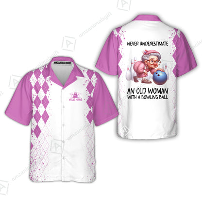 Custom Bowling Jersey Polo Shirt, Never Underestimate An Old Woman With A Bowling Ball, Personalized Name & Team Name