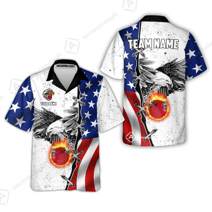 Customized Bowling Unisex Polo Shirt, US Flag White Eagle Flame Pin Dust Pattern Bowling, Personalized Name And Team Name