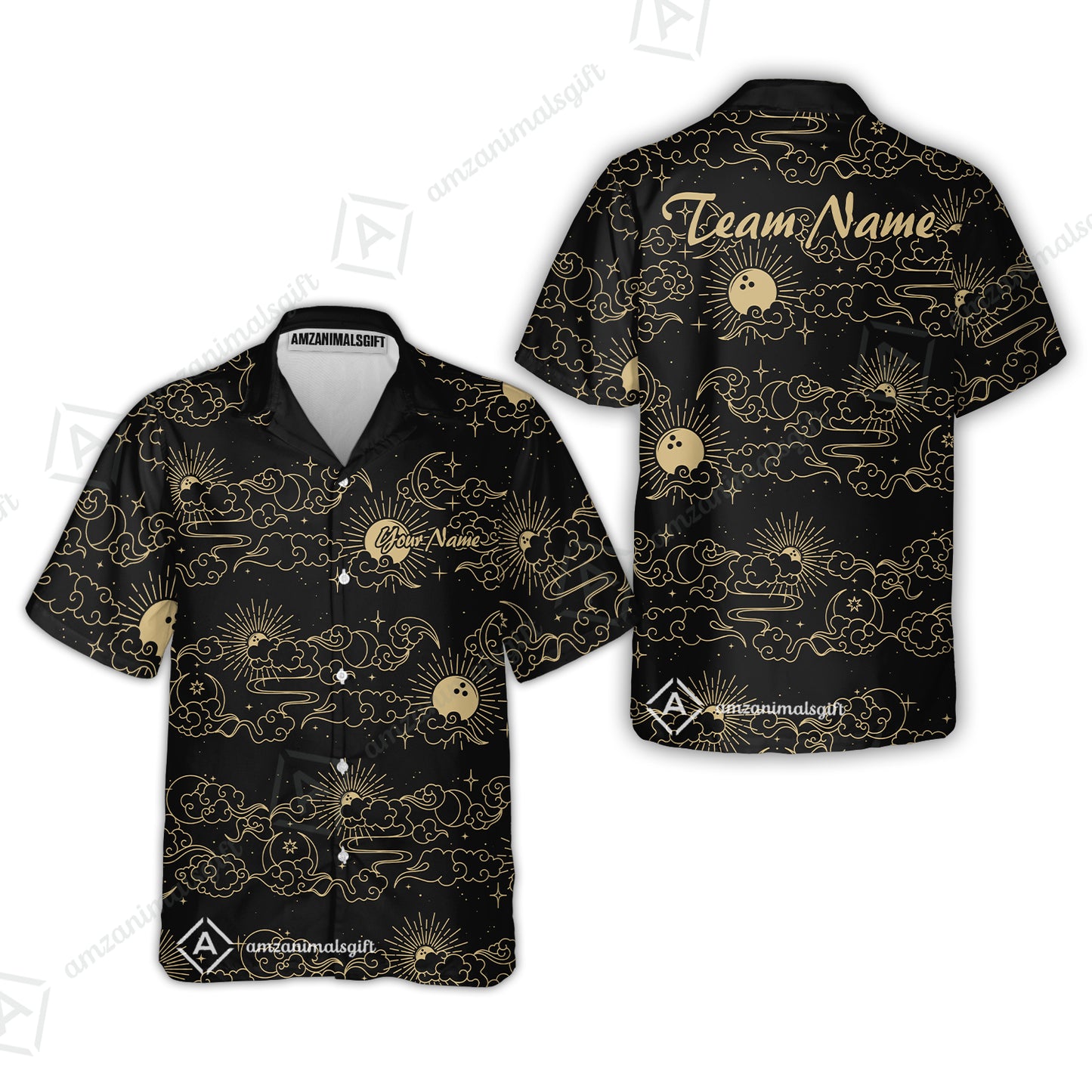 Custom Bowling Jersey Polo Shirt, Black Gold Celestial Bowling, Custom Bowling Jersey Team Shirt For Players With Name & Team Name