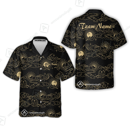 Custom Bowling Jersey Polo Shirt, Black Gold Celestial Bowling, Custom Bowling Jersey Team Shirt For Players With Name & Team Name
