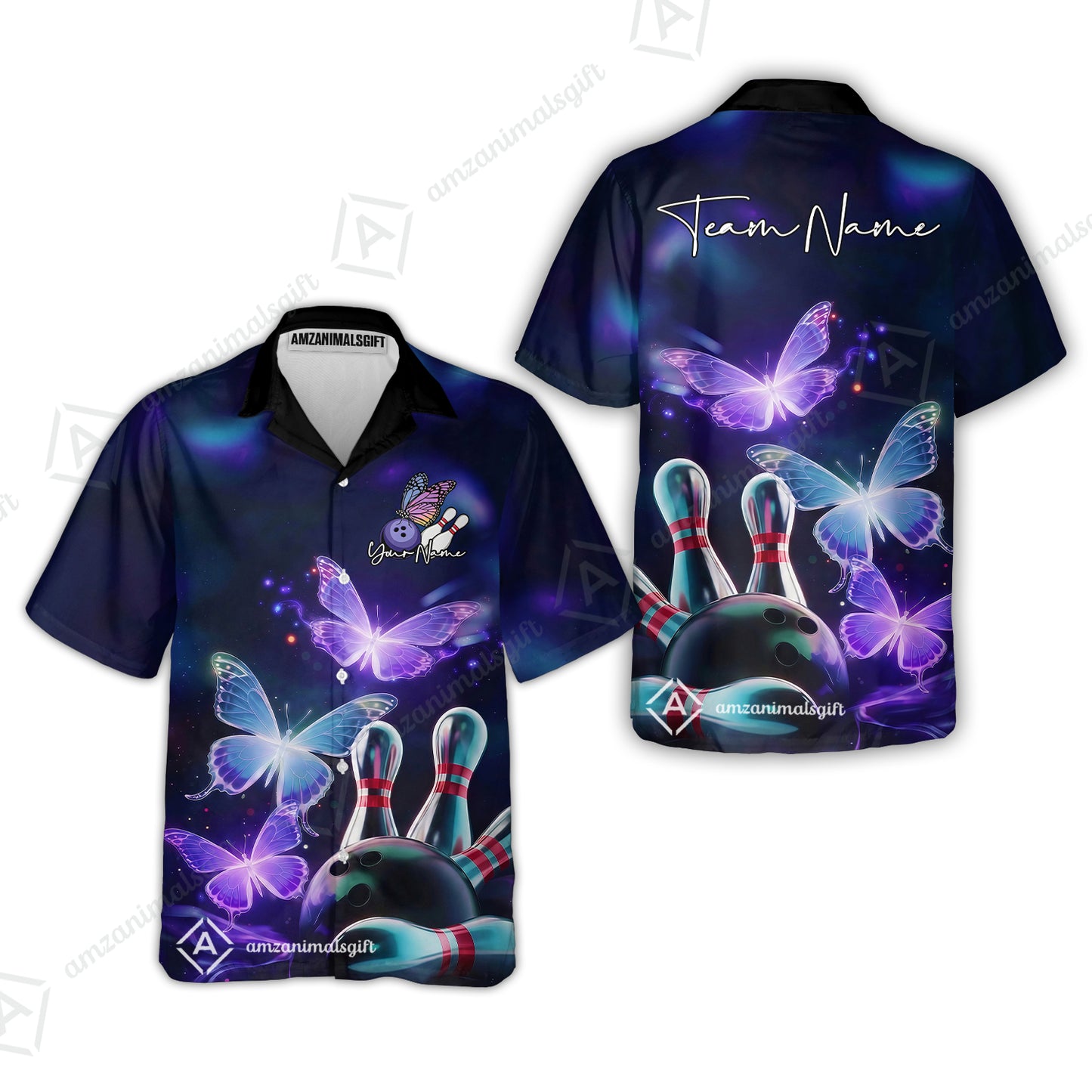 Custom Bowling Jersey Polo Shirt, Neon Butterfly Bowling, Custom Bowling Jersey Team Shirt For Players With Name & Team Name