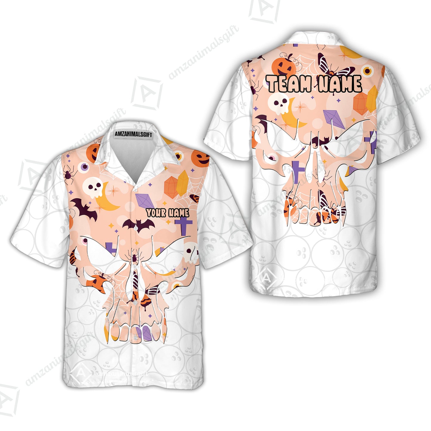 Custom Bowling Jersey Polo Shirt, Halloween Pattern Skull, Custom Bowling Jersey Team Shirt For Players With Name & Team Name