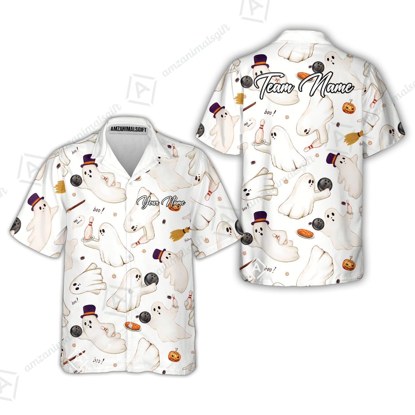 Custom Bowling Jersey Polo Shirt, Reds Seamless Pattern Cute Ghost, Personalize Name and Team Name