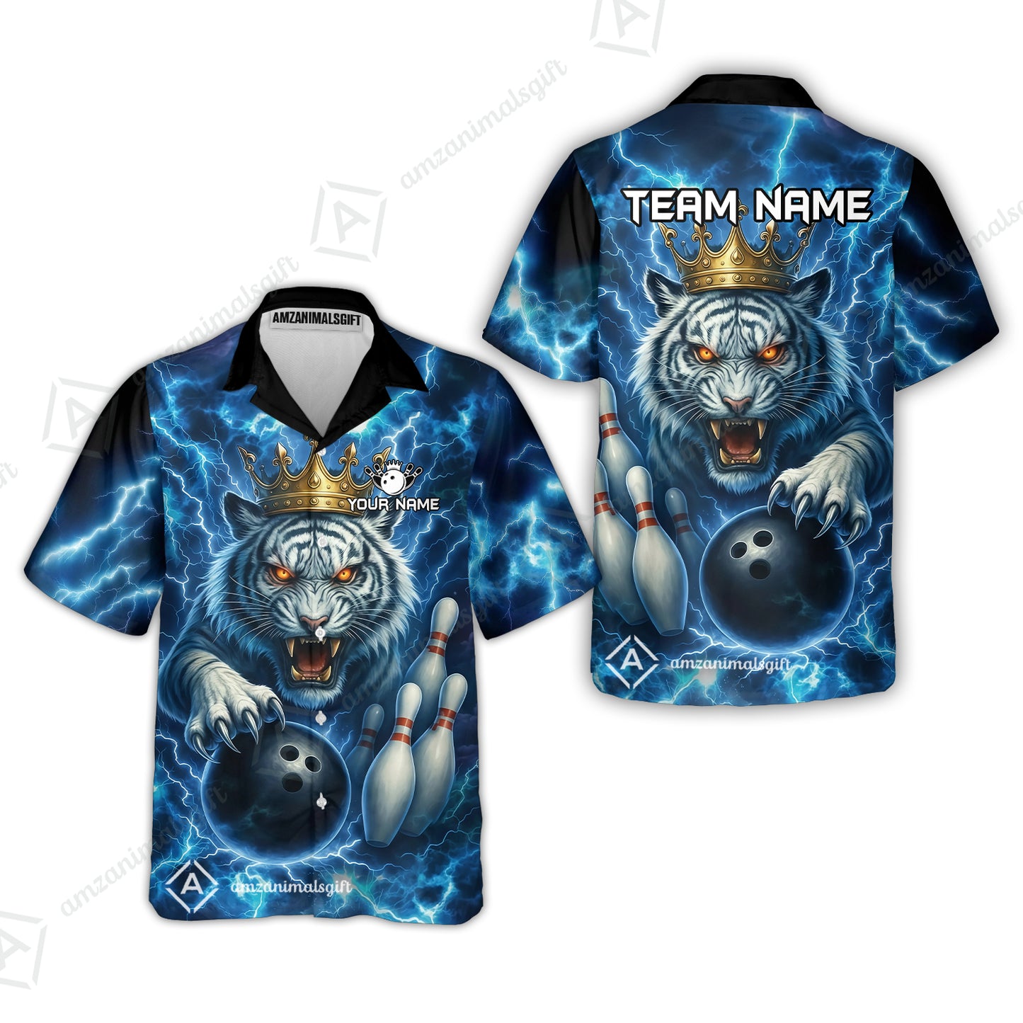 Custom Bowling Team Quarter-Zip Polo Shirt, Bowling White Tiger Lighting Shirt, Personalized Team Shirt with Custom Name