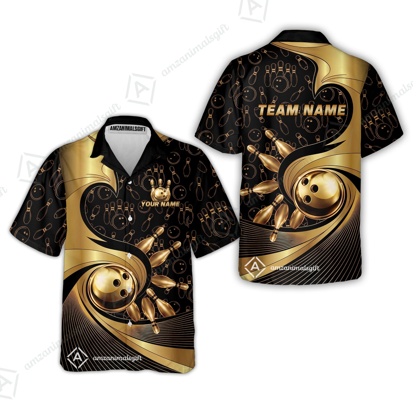 Custom Bowling Jersey Polo Shirt, Bowling Gold Swirling Pattern, Personalize Name and Team Name