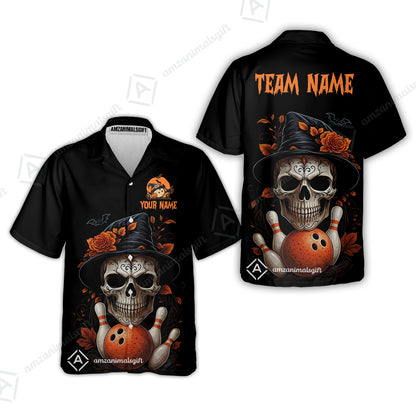 Customized Bowling Shirt, Halloween Skull Witch, Personalized Polo Shirt For Players With Name & Team Name
