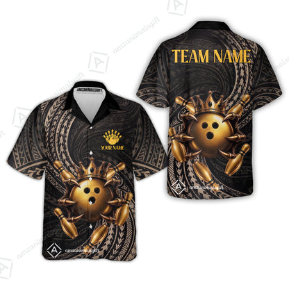Custom Bowling Jersey Polo Shirt, Maori Tattoo Bowling Crown Gold Color, Custom Bowling Jersey Team Shirt For Players With Name and Team Name