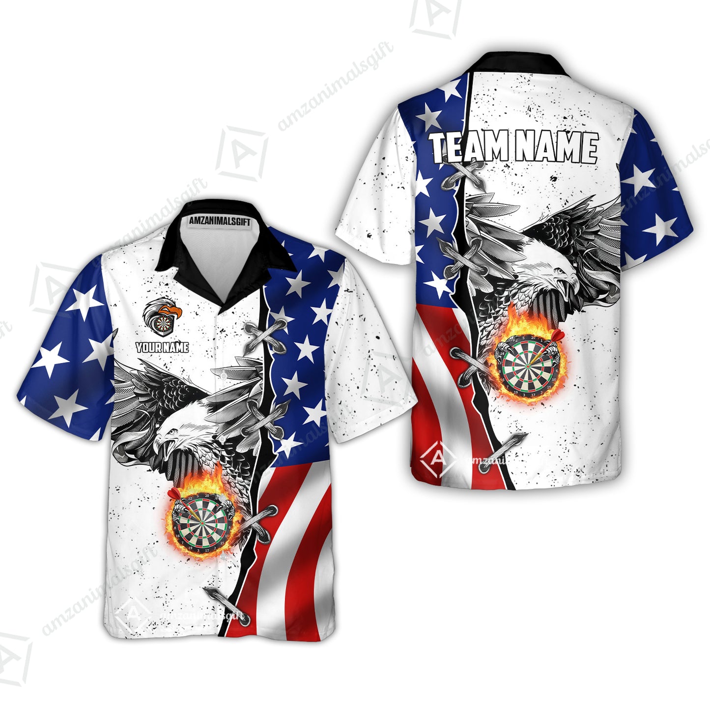 Customized Darts Team Uniform Shirt Darts US Flag White Eagle Flame Pin Dust Pattern, Personalized Name And Team Name
