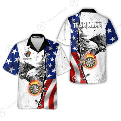 Customized Darts Team Uniform Shirt Darts US Flag White Eagle Flame Pin Dust Pattern, Personalized Name And Team Name