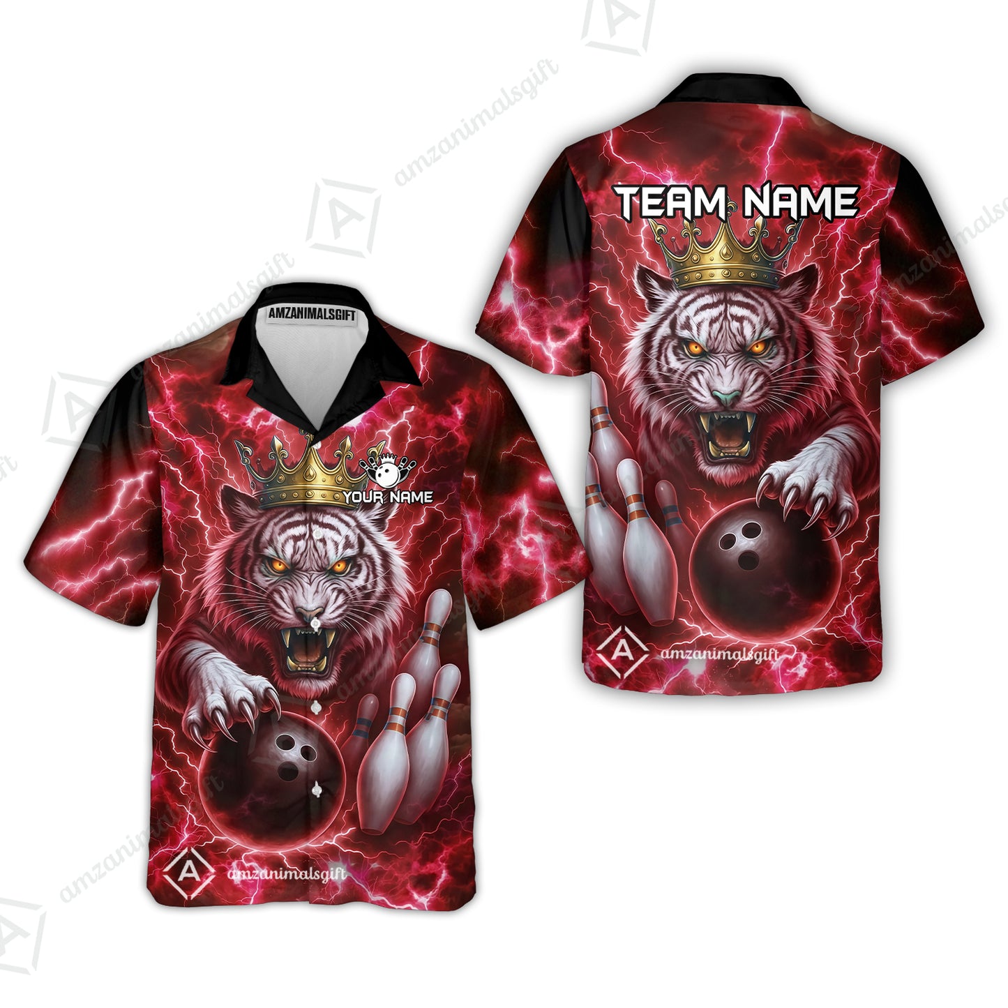 Custom Bowling Team Quarter-Zip Polo Shirt, Bowling White Tiger Lighting Shirt, Personalized Team Shirt with Custom Name