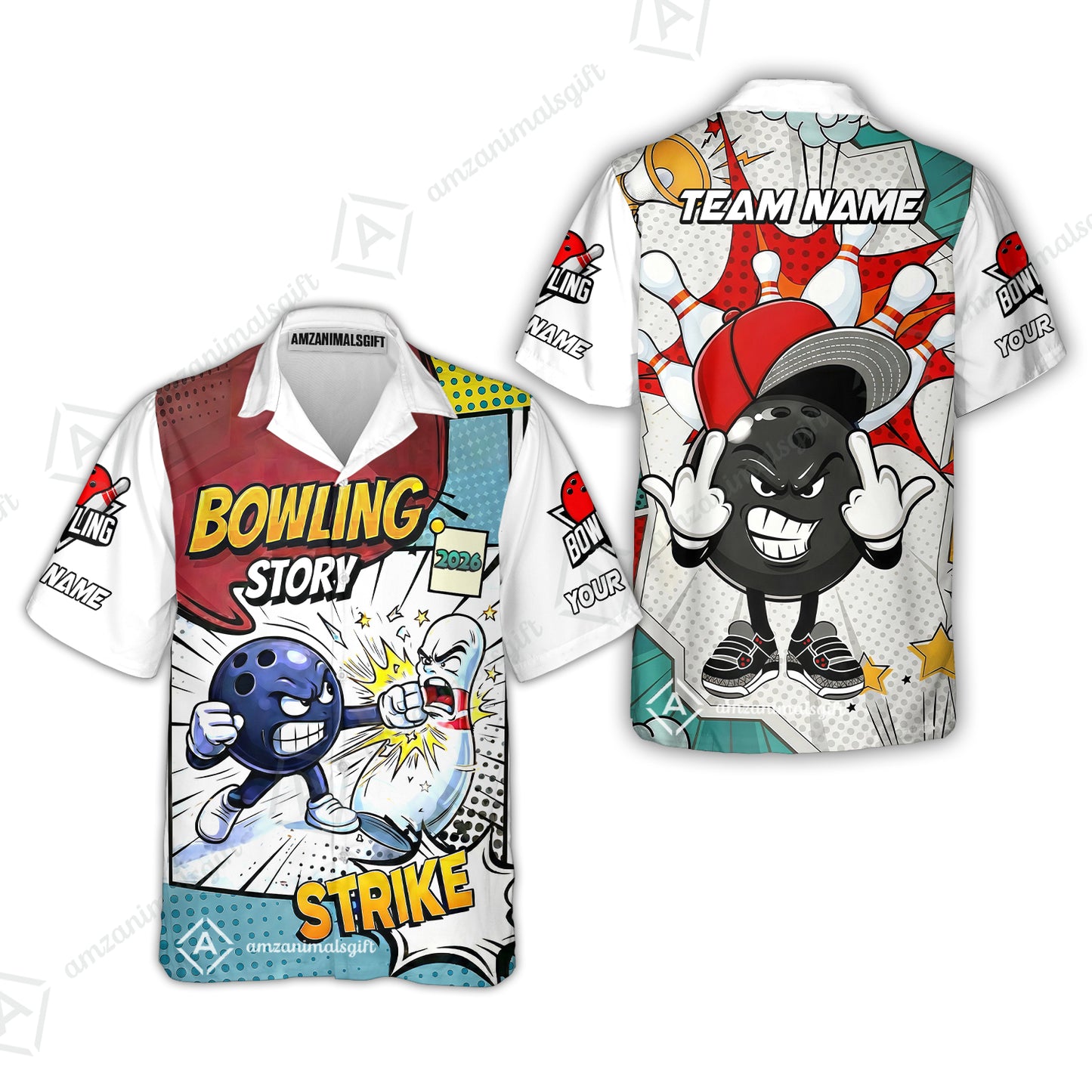 Customized Bowling Team Shirt, Comic Bowling Story Strike Cartoon, Bowling Uniforms, Personalized Name And Team Name