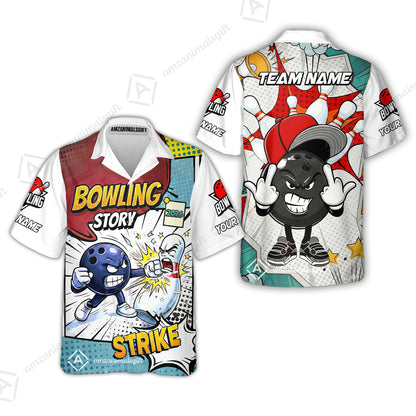 Customized Bowling Team Shirt, Comic Bowling Story Strike Cartoon, Bowling Uniforms, Personalized Name And Team Name