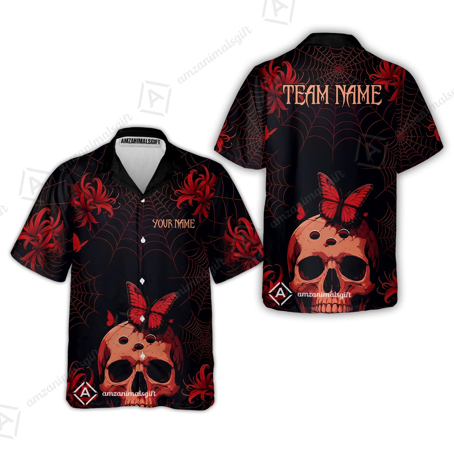 Customized Bowling Shirt, Bowling Skull Butterfly Spider Grid, Personalized Polo Shirt For Players With Name & Team Name