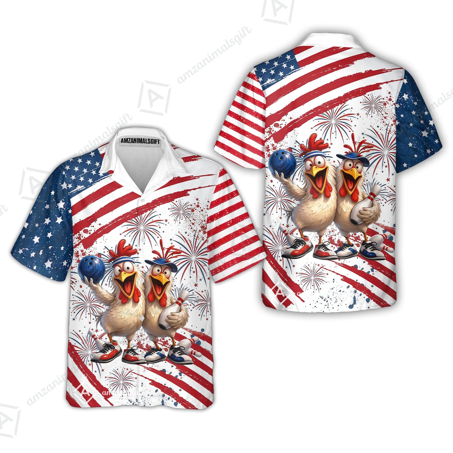 Custom Bowling Jersey Polo Shirt, Funny Patriotic USA Chicken Fireworks, Custom Bowling Jersey Team Shirt For Players With Name & Team Name
