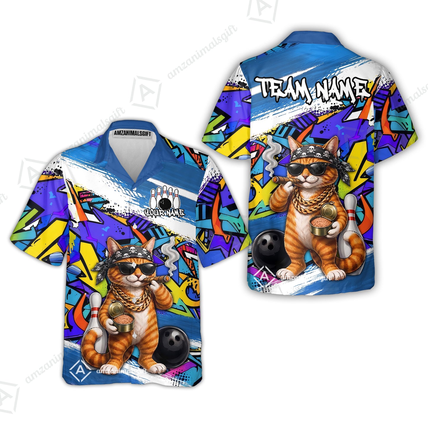 Custom Bowling Jersey Polo Shirt, Cat Graffiti Bowling, Personalize Name and Team Name