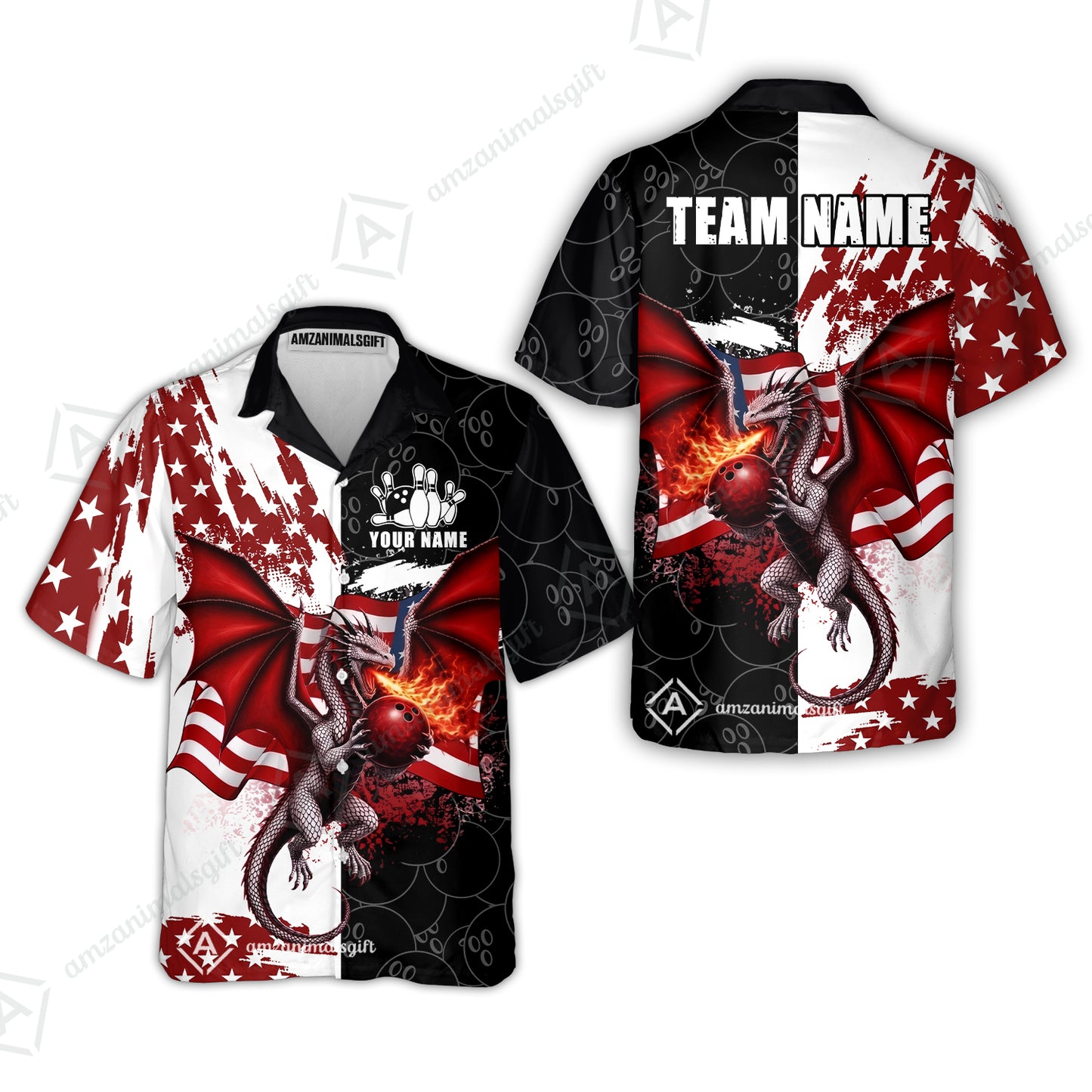 Custom Bowling Jersey Polo Shirt, Patriotic Fire Dragon Split Contrast, Custom Bowling Jersey Team Shirt For Players With Name and Team Name