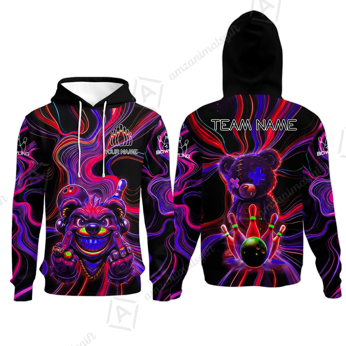 Customized Bowling Unisex Polo Shirt, Crazy Neon Bear Bowling Strike, Bowling Uniform - Personalized Name And Team Name