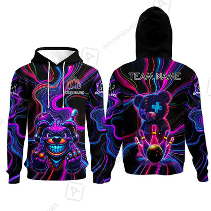 Customized Bowling Unisex Polo Shirt, Crazy Neon Bear Bowling Strike, Bowling Uniform - Personalized Name And Team Name