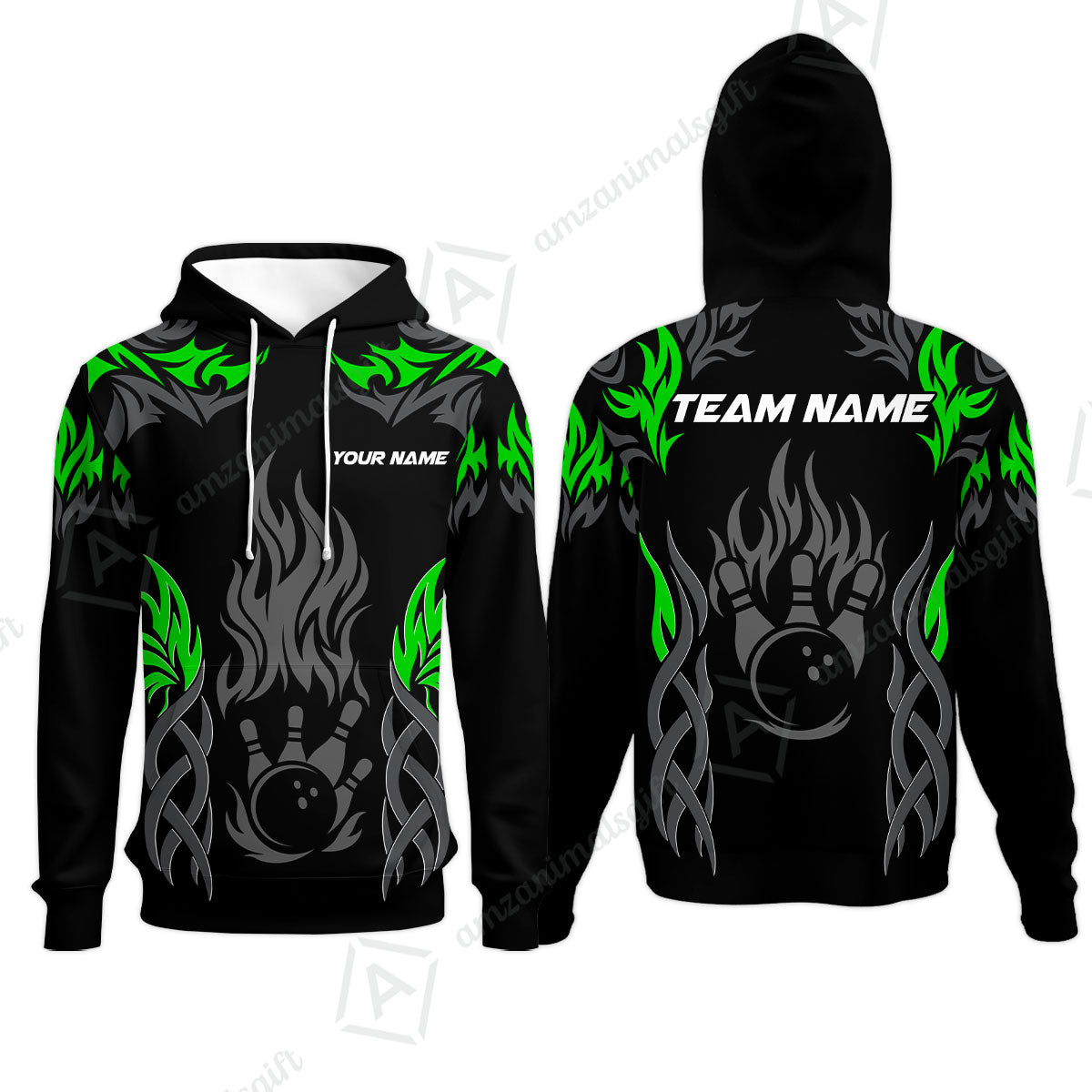 Personalized Bowling Team Hoodie, Tribal And Bowling Flame Multi Option Customized Polo Shirt - Black