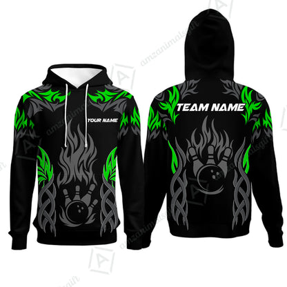 Personalized Bowling Team Hoodie, Tribal And Bowling Flame Multi Option Customized Polo Shirt - Black
