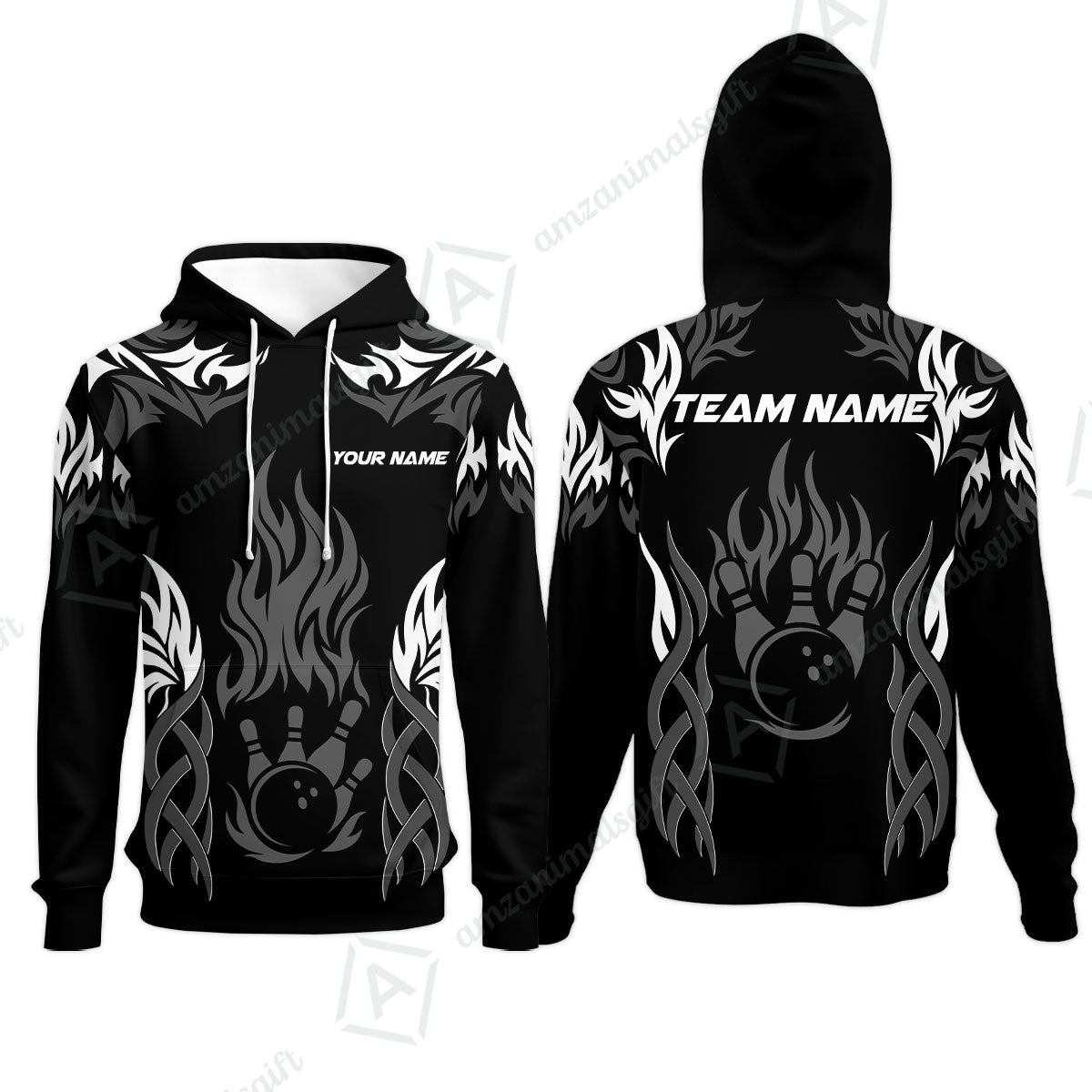 Personalized Bowling Team Hoodie, Tribal And Bowling Flame Multi Option Customized Polo Shirt - Black
