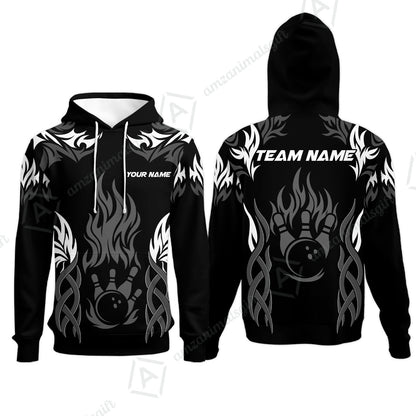 Personalized Bowling Team Hoodie, Tribal And Bowling Flame Multi Option Customized Polo Shirt - Black