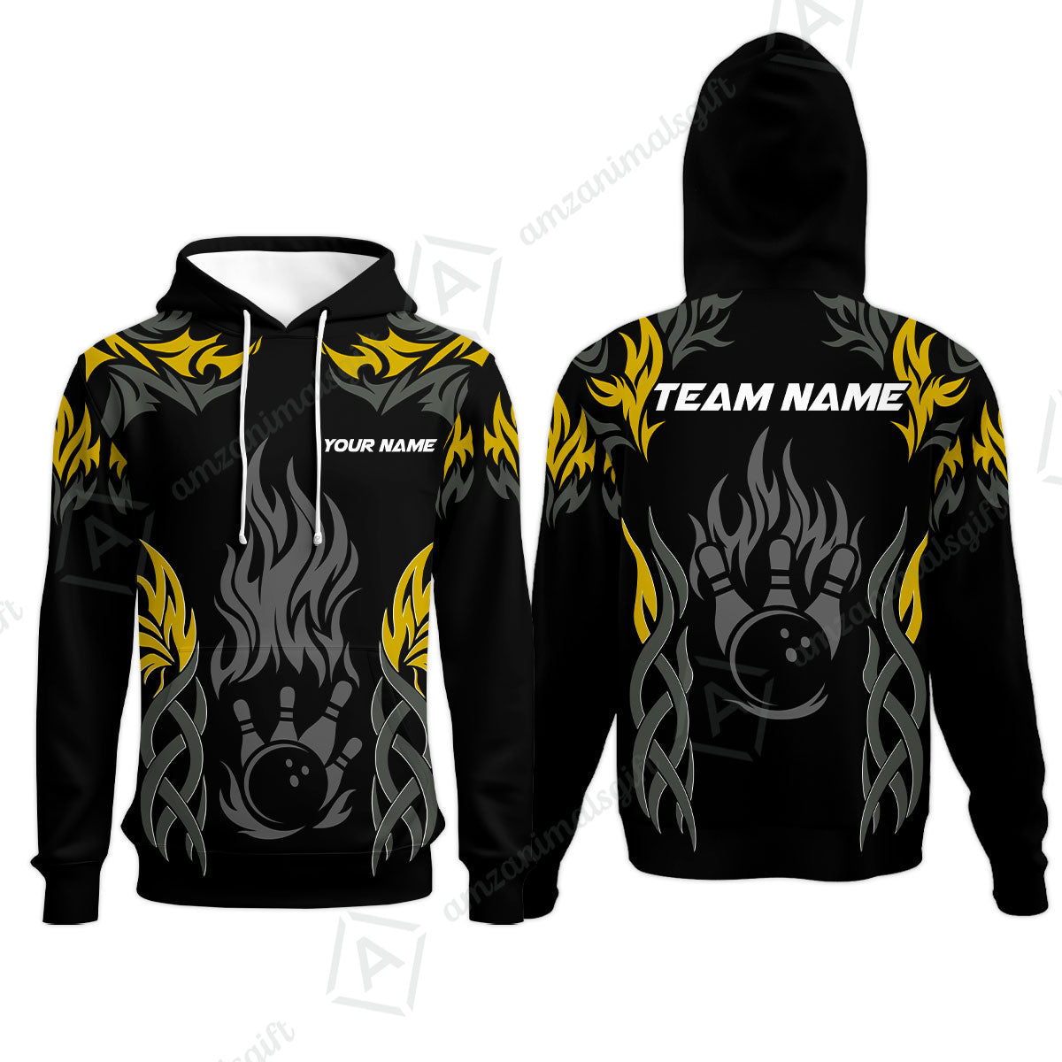 Personalized Bowling Team Hoodie, Tribal And Bowling Flame Multi Option Customized Polo Shirt - Black