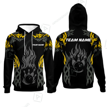 Personalized Bowling Team Hoodie, Tribal And Bowling Flame Multi Option Customized Polo Shirt - Black