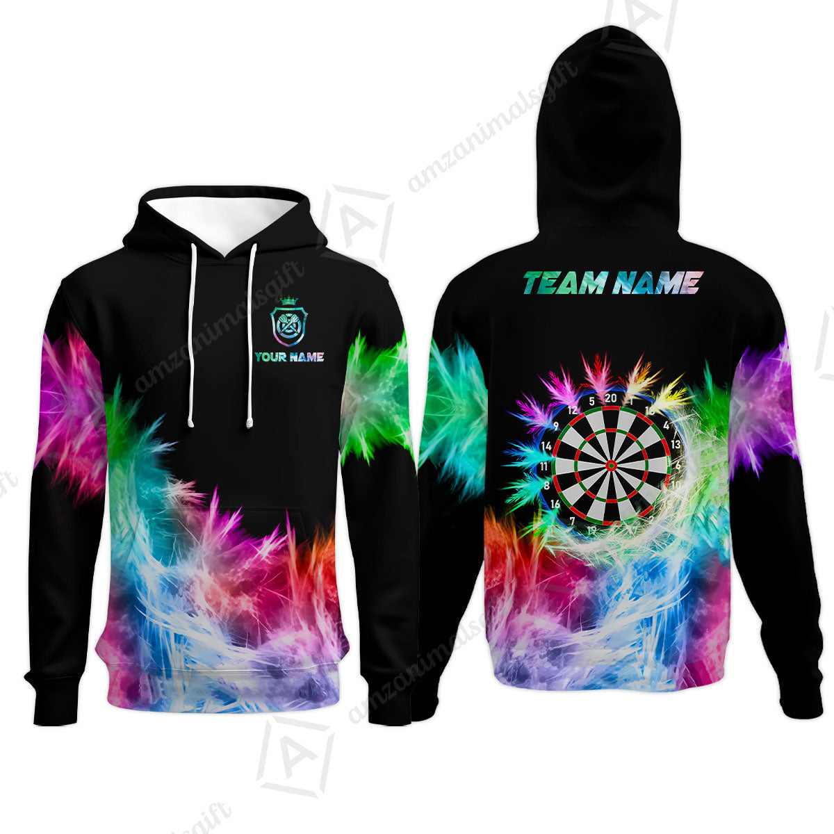 Customized Darts Hoodie, Darts Icy Light Black And Multi Color Team Hoodie For Darts Player