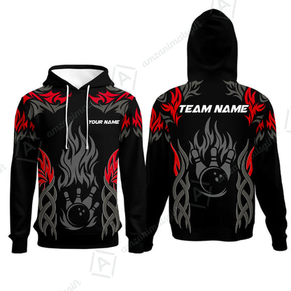 Personalized Bowling Team Hoodie, Tribal And Bowling Flame Multi Option Customized Polo Shirt - Black