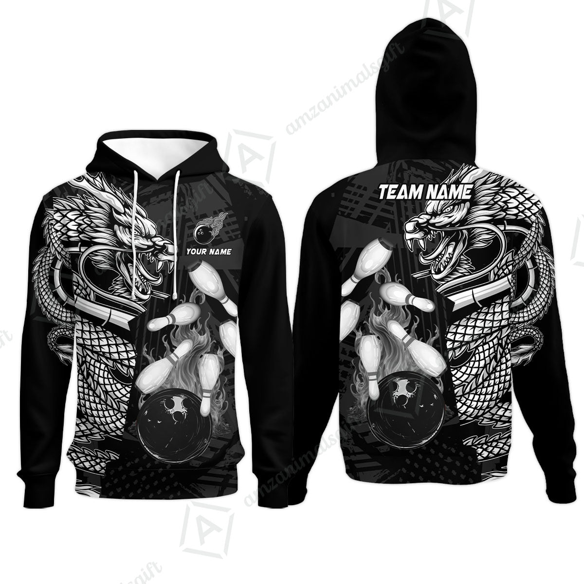 Custom Bowling Team Jerseys Polo Shirts, Bowling uniforms Bowling & Pins Dragon Flame Fire Multicolor Options Personalized Name And Team Name