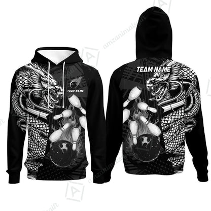 Custom Bowling Team Jerseys Polo Shirts, Bowling uniforms Bowling & Pins Dragon Flame Fire Multicolor Options Personalized Name And Team Name