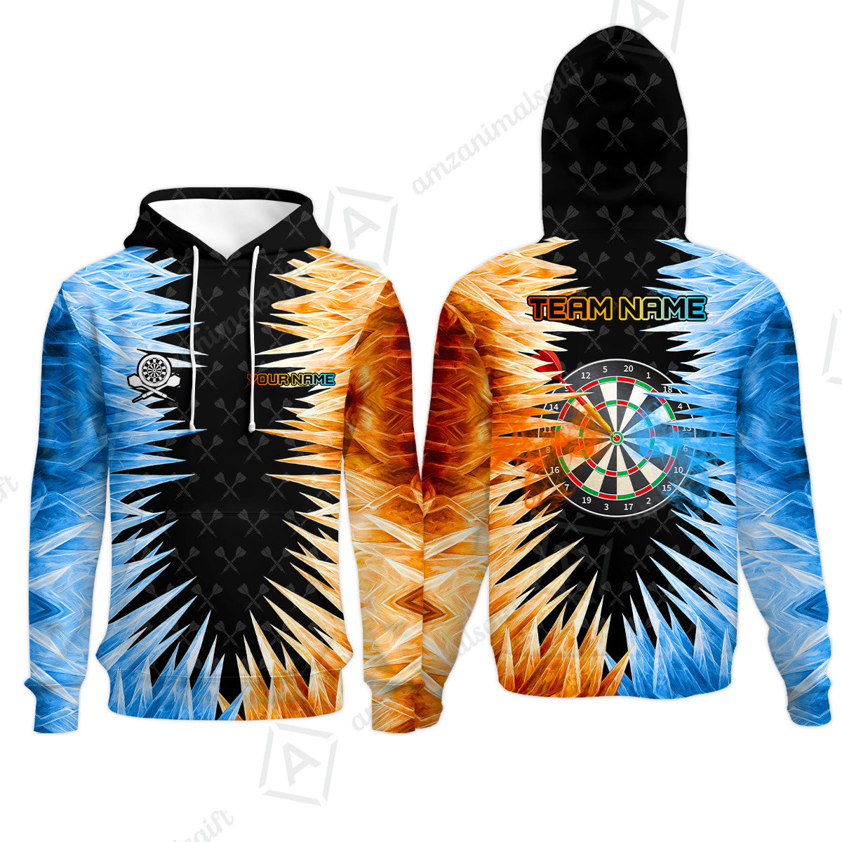 Customized Darts Hoodie, Darts Dartboard Ice And Fire Multicolor Hoodie Jersey For Darts Players