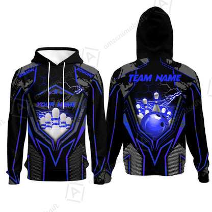 Customized Bowling Jersey, Bowling And Pins Abstract Grunge Texture X Multicolor Option Customized Name And Team Name Zipper Polo Jerseys Shirts