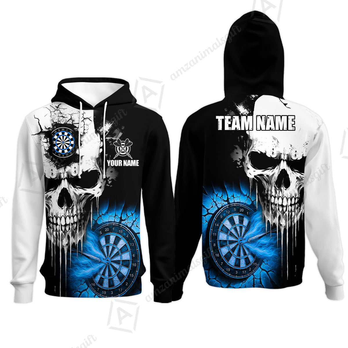Custom Grunge Skull Crack Wall Darts Team Hoodie, Customized Name Team Name Darts Polo Team Jerseys Uniform