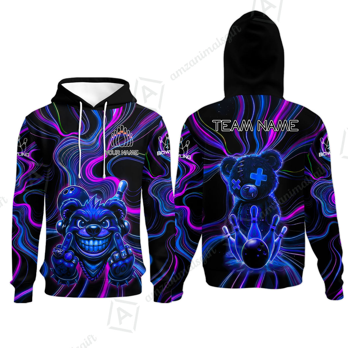 Customized Bowling Unisex Polo Shirt, Crazy Neon Bear Bowling Strike, Bowling Uniform - Personalized Name And Team Name