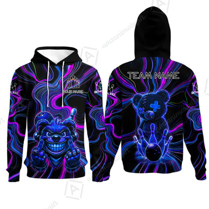 Customized Bowling Unisex Polo Shirt, Crazy Neon Bear Bowling Strike, Bowling Uniform - Personalized Name And Team Name