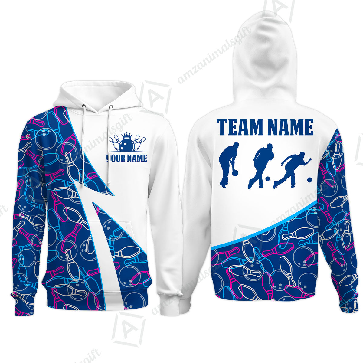 Custom Bowling Team Bowling Jersey, Neon Pattern Bowling Jersey With Player Silhouettes Multicolor Polo Quarter-Zip Shirts, Custom Bowling Uniforms Jerseys