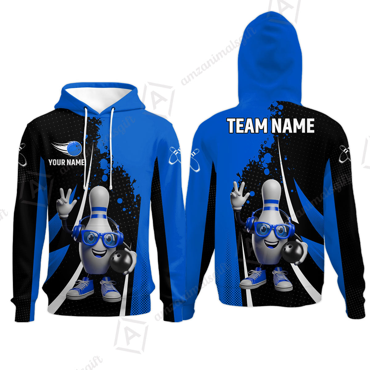 Customized Bowling Unisex Polo Shirt, Halftone Bowling Pin Wearing Headphones Sunglasses, Personalized Name And Team Name