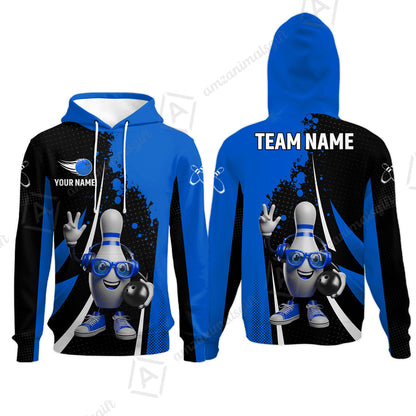 Customized Bowling Unisex Polo Shirt, Halftone Bowling Pin Wearing Headphones Sunglasses, Personalized Name And Team Name