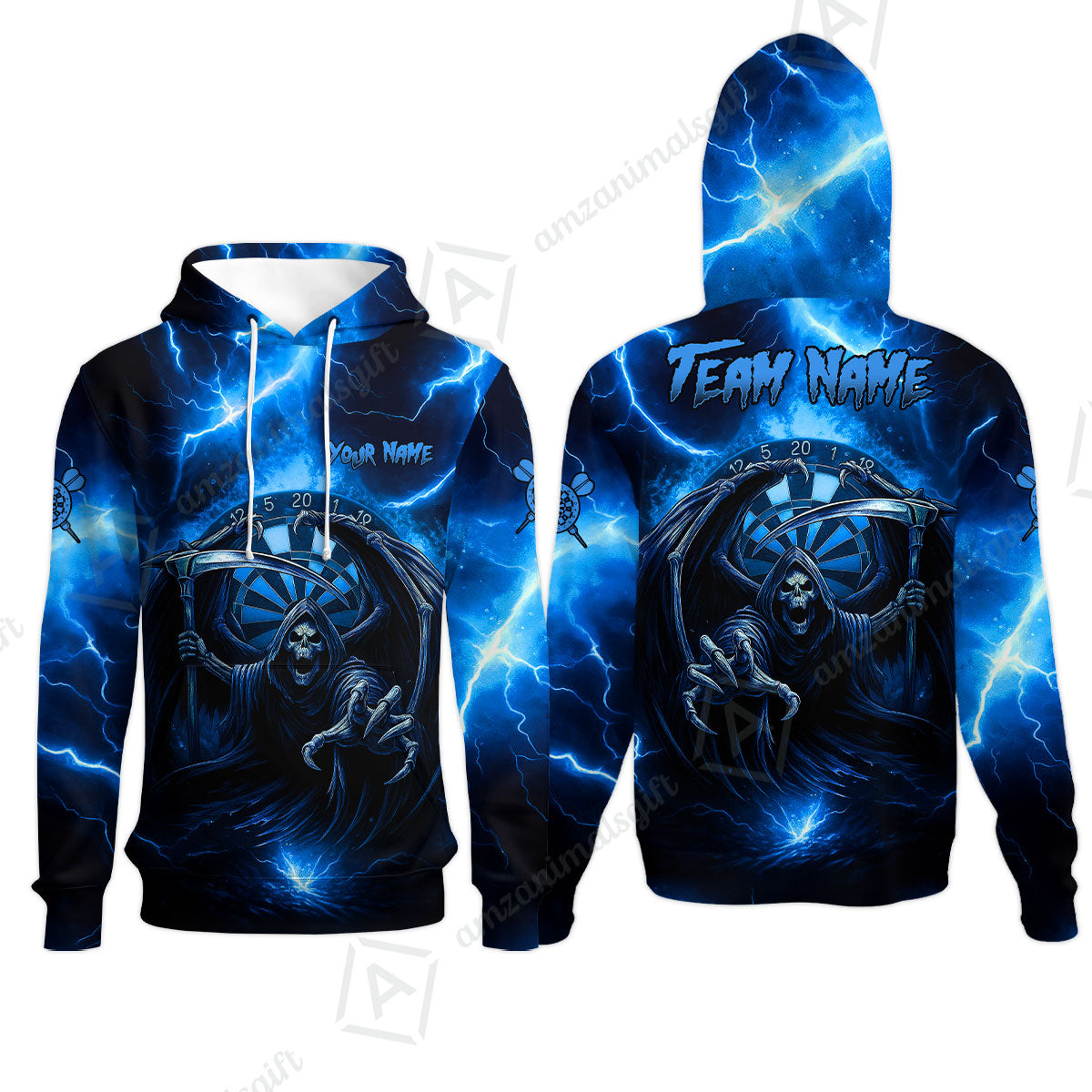 Customized Darts Hoodie, Darts Grim Reaper Thunder Lightning Turquoise And Blue Team Jersey For Darts Player