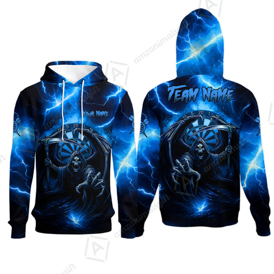 Customized Darts Hoodie, Darts Grim Reaper Thunder Lightning Turquoise And Blue Team Jersey For Darts Player
