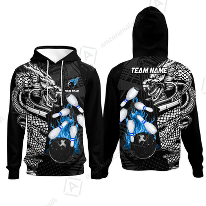 Custom Bowling Team Jerseys Polo Shirts, Bowling uniforms Bowling & Pins Dragon Flame Fire Multicolor Options Personalized Name And Team Name