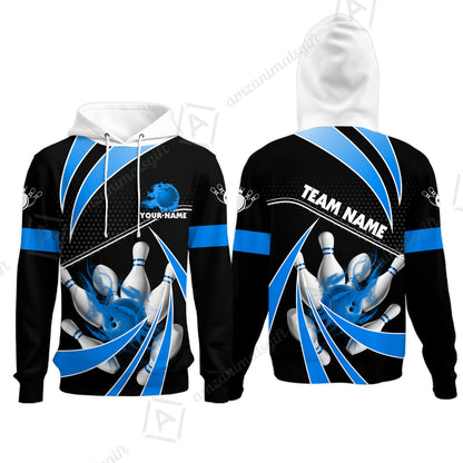Customized Bowling Hoodie, Bowling Ball & Pins Fire Light Sport Hoodie Multicolor Option For Bowlers