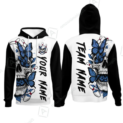 Custom Bowling Jersey Polo Shirt, Skull With Butterfly, Custom Bowling Jersey Team Shirt For Players With Name and Team Name