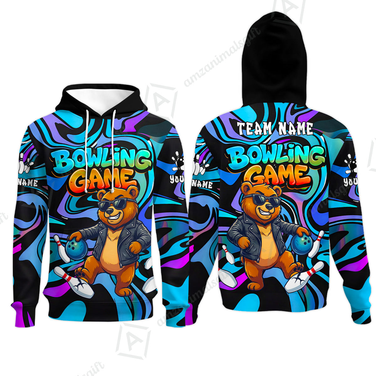 Custom Bowling Jersey Polo Shirt, Trippy Swirl Rocker Bear Graffiti Style, Custom Bowling Jersey Team Shirt For Players With Name & Team Name