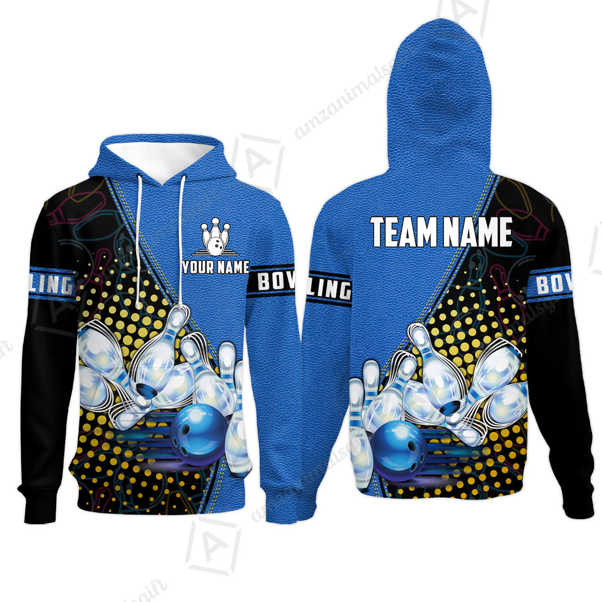 Custom Bowling Hoodie - Black And Blue Bowling Ball Pattern Personalized Name Hoodie