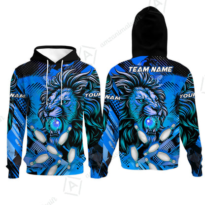 Custom Bowling Team Jerseys Shirts, Bowling uniforms Ball & Pins Lion Pattern Personalized Name And Team Name
