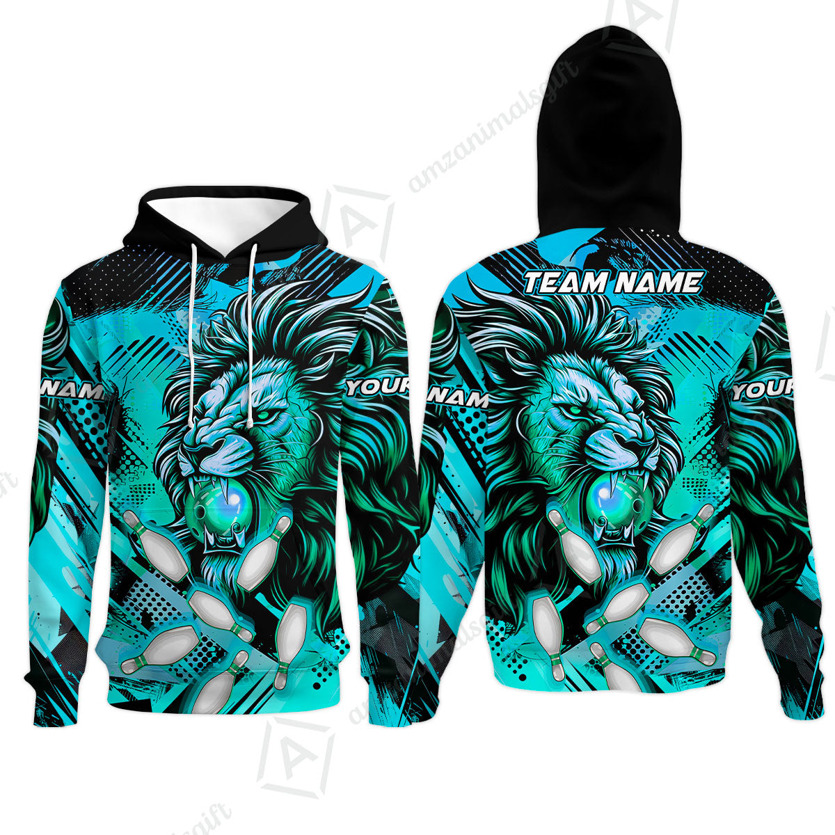Custom Bowling Team Jerseys Shirts, Bowling uniforms Ball & Pins Lion Pattern Personalized Name And Team Name