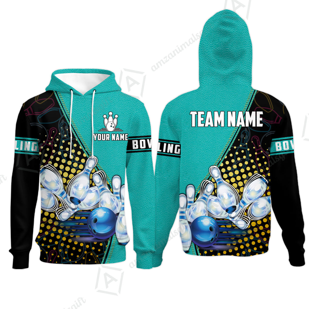 Custom Bowling Hoodie - Black And Blue Bowling Ball Pattern Personalized Name Hoodie